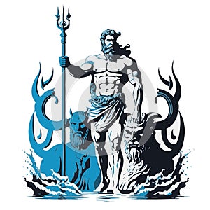 God Poseidon or Neptune. A man with a beard sits and holds a trident in his hand.