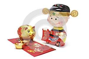 God of Prosperity and Chinese Golden Piggybank