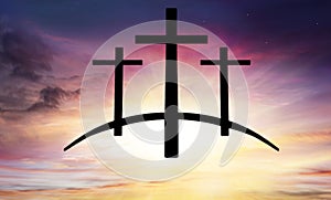 God`s cross . Light in dark sky . Religion background .