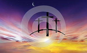 God`s cross . Light in dark sky . Religion background .