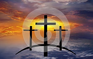 God`s cross . Light in dark sky . Religion background .