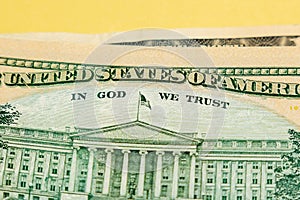 In god we trust close up. Twenty american dollar banknote paper details, of real american currency