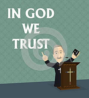 In God We Trust Priest Preaching at Podium photo