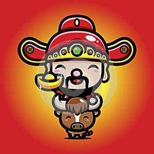 god of wealth cartoon character cute cai shen riding a buffalo