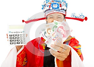 God of wealth holding a compute machine and chinese currency