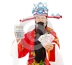 God of wealth holding a compute machine and chinese currency