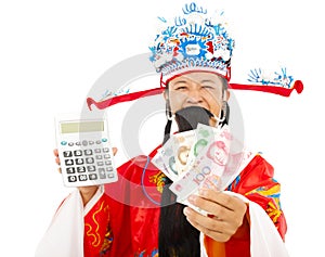 God of wealth holding a compute machine and chinese currency