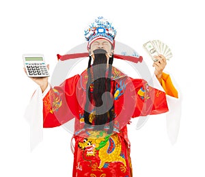 God of wealth holding a compute machine and money