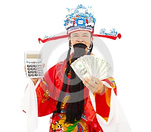 God of wealth holding a compute machine and money photo