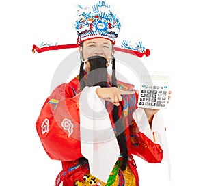 God of wealth pointing a compute machine