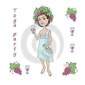 God of wine Bacchus with a glass of wine in hand. Invitation to toga party