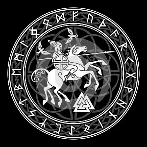 God Wotan, riding on a horse Sleipnir with a spear and two ravens in a circle of Norse runes. Illustration of Norse