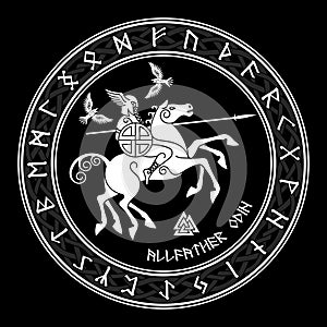 God Wotan, riding on a horse Sleipnir with a spear and two ravens in a circle of Norse runes. Illustration of Norse