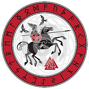 God Wotan, riding on a horse Sleipnir with a spear and two ravens in a circle of Norse runes. Illustration of Norse