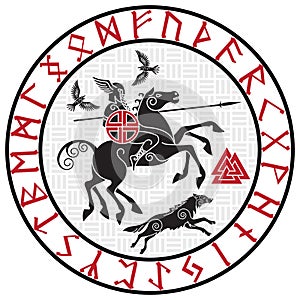 God Wotan, riding on a horse Sleipnir with a spear and two ravens in a circle of Norse runes. Illustration of Norse