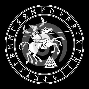 God Wotan, riding on a horse Sleipnir with a spear and two ravens in a circle of Norse runes. Illustration of Norse