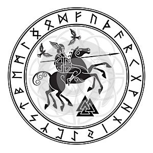 God Wotan, riding on a horse Sleipnir with a spear and two ravens in a circle of Norse runes. Illustration of Norse photo