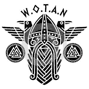 God Wotan and two ravens in a circle of Norse runes. Illustration of Norse mythology