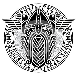 God Wotan and two ravens in a circle of Norse runes. Illustration of Norse mythology