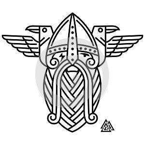 God Wotan and two ravens. Illustration of Norse mythology photo
