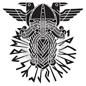God Wotan, two ravens and norse runes. Illustration of Norse mythology