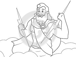 God, Zeus in the sky with lightning in his hand. Page outline of cartoon. Raster illustration, coloring book for kids.