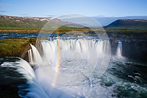Godafoss waterfall and rainbow, Iceland Landscape