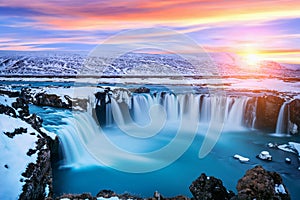 Godafoss waterfall at sunset in winter, Iceland