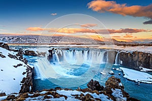 Godafoss waterfall at sunset in winter, Iceland