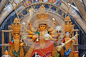 Goddess Durga devi idol decorated at puja pandal in Kolkata, West Bengal, India. Durga Puja is biggest religious festival of