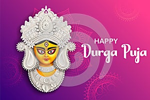 Goddess Durga Face in Happy Durga Puja Subh Navratri background