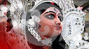 Goddess Durga Face in Happy Durga Puja Subh Navratri Indian religious background