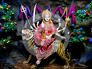 Goddess Durga idol at decorated Navratri festival pandal