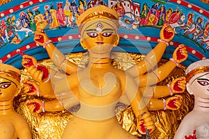 Goddess Durga idol decorated at puja pandal in Kolkata, West Bengal, India. Durga Puja is biggest religious festival of Hinduism