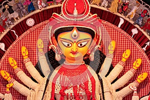 Goddess Durga idol decorated at puja pandal in Kolkata, West Bengal, India. Durga Puja is biggest religious festival of Hinduism