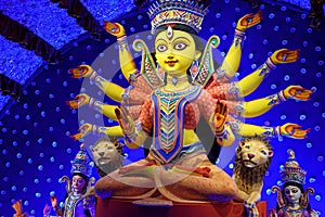 Goddess Durga idol decorated at puja pandal in Kolkata, West Bengal, India. Durga Puja is biggest religious festival of Hinduism