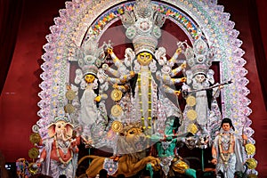 Goddess Durga idol decorated at puja pandal in Kolkata, West Bengal, India. Durga Puja is biggest religious festival of Hinduism
