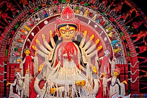 Goddess Durga idol decorated at puja pandal in Kolkata, West Bengal, India. Durga Puja is biggest religious festival of Hinduism