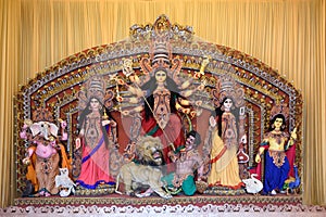 Goddess Durga idol decorated at puja pandal in Kolkata, West Bengal, India. Durga Puja is biggest religious festival of Hinduism