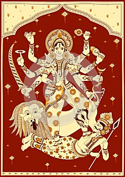 Goddess Durga killing demon Mahishasura for Happy Vijayadashami Dussehra