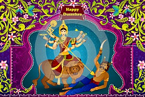 Goddess Durga killing demon Mahishasura for Happy Vijayadashami Dussehra