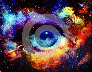 Goddess eye and Color space background with stars