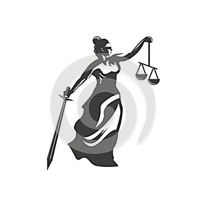 Goddess of Justice symbol design illustration. Woman holding scales and sword, Woman with blindfold taking court logo design