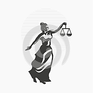 Goddess of Justice symbol design illustration. Woman holding scales, Woman with blindfold taking court logo design inspiration