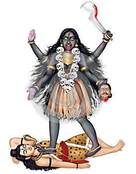 Goddess Kali standing on Lord Shiva.