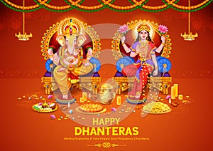 Goddess Lakshmi and Ganesha for Dhantera celebration on Happy Diwali light festival of India background