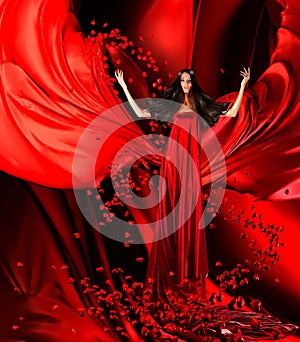 Goddess of love in red dress with magnificent hair and hearts on