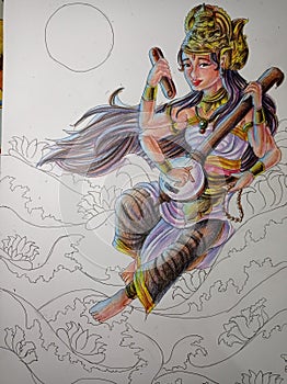 Goddess Sarasvati Coloured Pencil Drawing