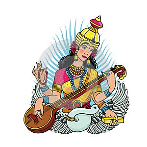 Goddess Saraswati. Sharada, Savitri, Brahmani, Bharadi, Vani, Vagdevi Vector Illustration.