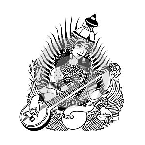 Goddess Saraswati. Sharada, Savitri, Brahmani, Bharadi, Vani, Vagdevi Vector Illustration